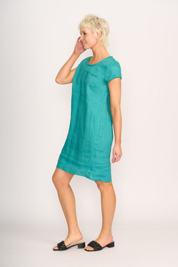 Foil Linen Fringe Scoop Neck Dress in Aquatic TP13595