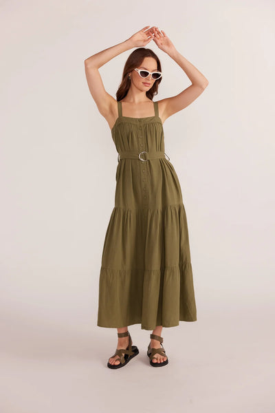 Mink Pink Amara Tiered Midi Dress Khaki 2404556