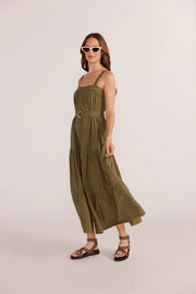 Mink Pink Amara Tiered Midi Dress Khaki 2404556