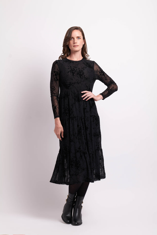 Foil Black Splatter Long Sleeve Tiered Hem Dress TP12166