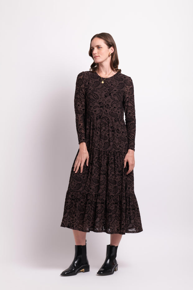 Foil Chocolate Paisley Long Sleeve Tiered Hem Dress TP12166