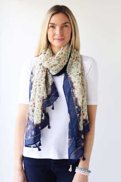 Archer House Botanical Print Scarf with Tassels 795