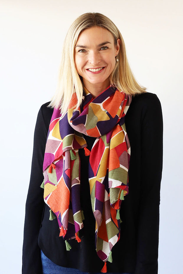 Archer House 3D Cube Print Scarf with Tassels SC803