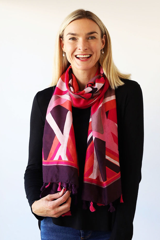 Archer House Large Abstract Print Tasselled Scarf  SC812