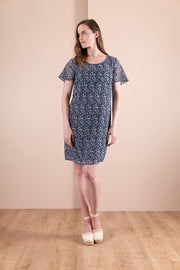 Memo Navy Fronds Shift Dress with Floaty Sleeves TP13503