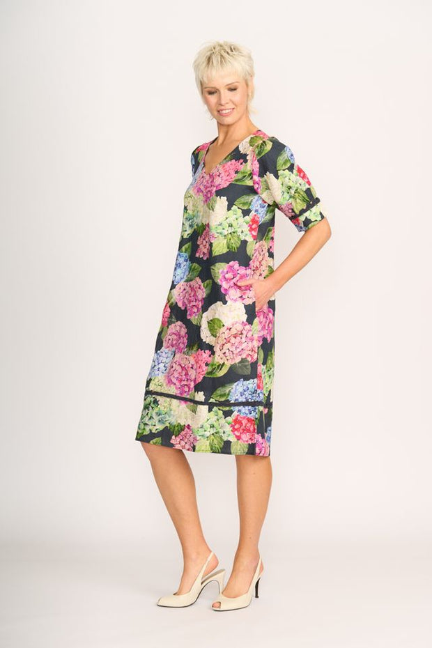 Foil Trim Time Hydrangea Linen Dress TP14557