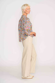 Foil Denim Floral Trim Insert Blouse TP14287