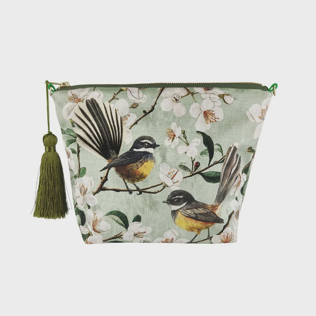 100% NZ Piwakawaka Chatty Fantails Velvet Cosmetic Bag 017