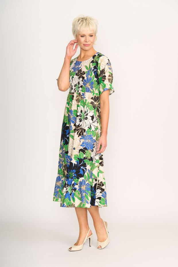 Foil Midi Shirred Bodice Dress in Floral Delight TP13788