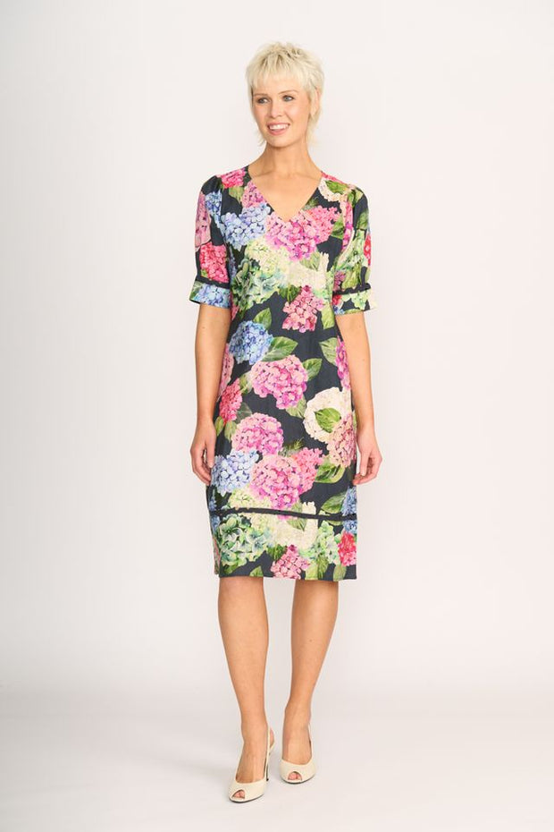 Foil Trim Time Hydrangea Linen Dress TP14557