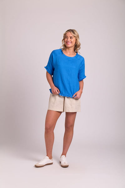 Preen Linen Top With Ruffles and Scoop Hem Blue TP13477