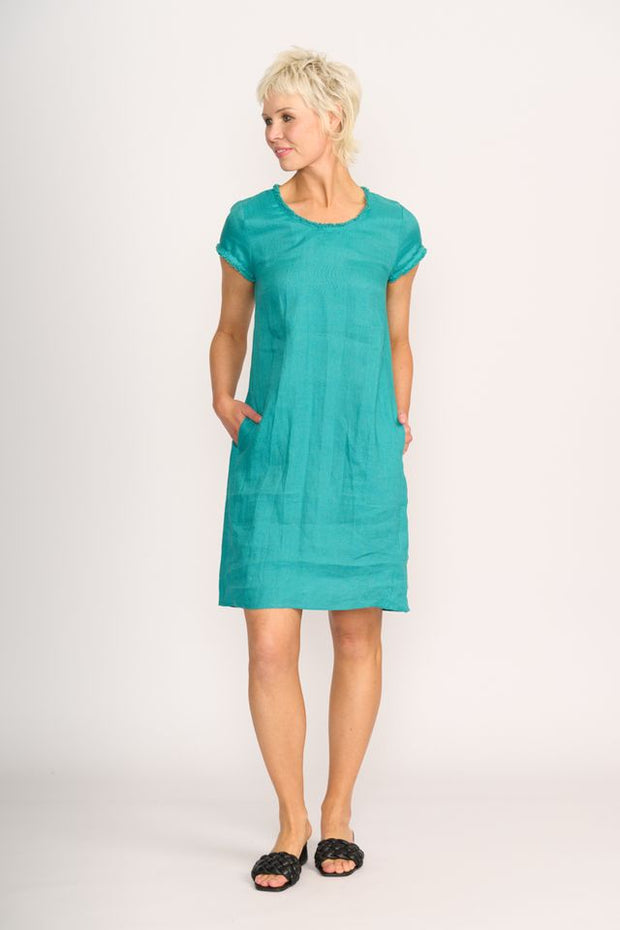 Foil Linen Fringe Scoop Neck Dress in Aquatic TP13595