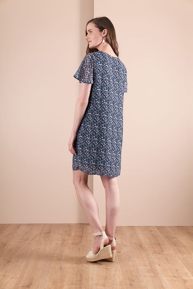 Memo Navy Fronds Shift Dress with Floaty Sleeves TP13503