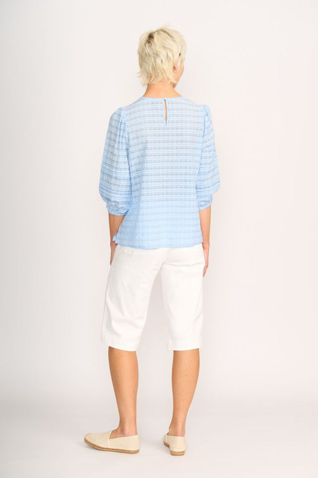 Memo Sky Check Pintuck Volume Sleeve Top TP14050