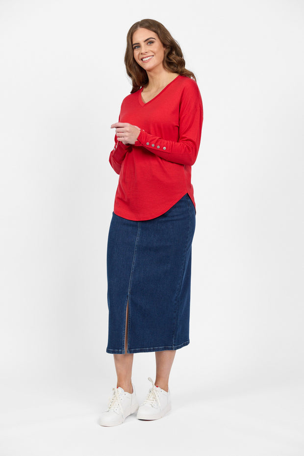 Vassalli Merino V Neck Top with Button Cuff Detail Scarlet 4465