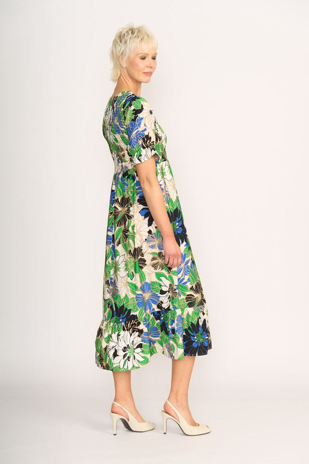 Foil Midi Shirred Bodice Dress in Floral Delight TP13788