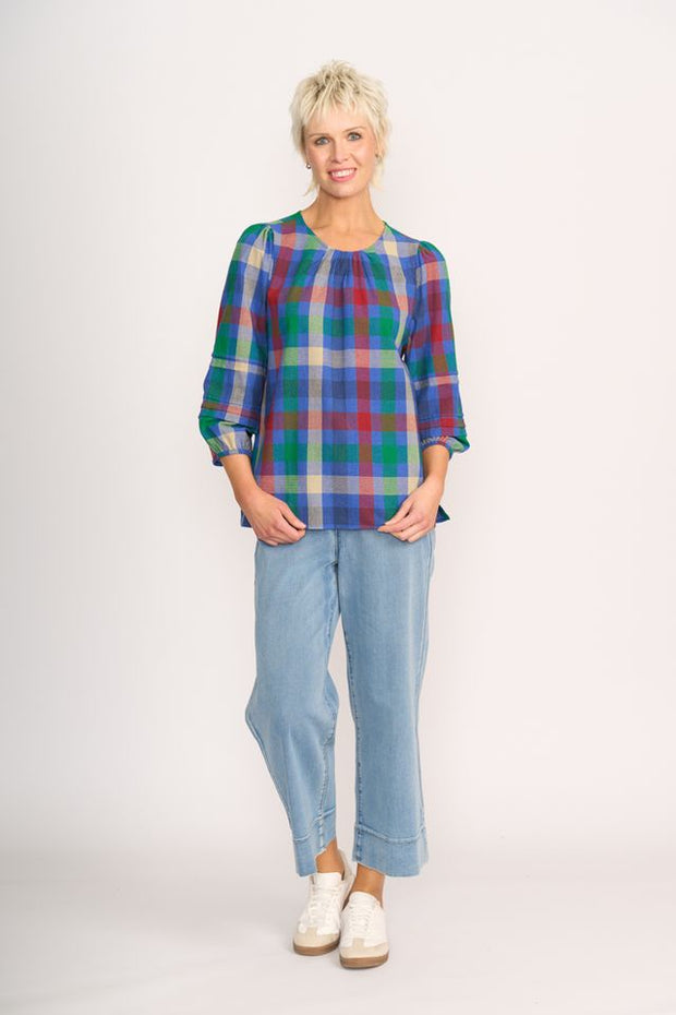 Memo Blue Check Pintuck Volume Sleeve Top TP14050