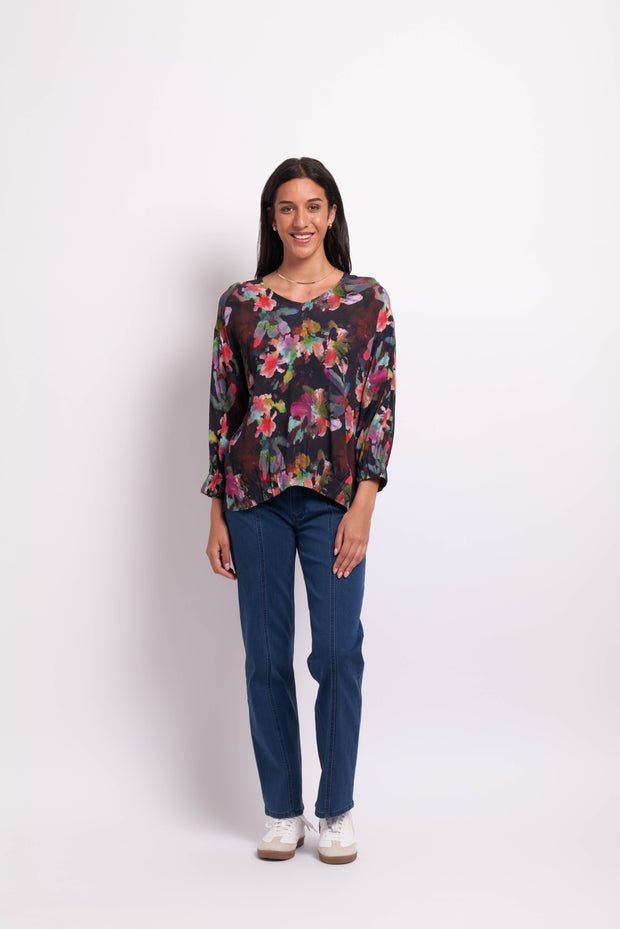 Foil Floral Burst Gathered Scoop Hem Top TP10656