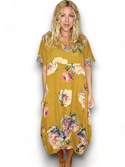 Helga May Mustard Ombre Peony Mid Sleeve Linen Mid Maxi Dress 162441