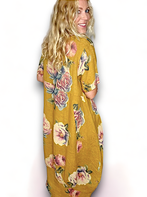Helga May Mustard Ombre Peony Mid Sleeve Linen Mid Maxi Dress 162441