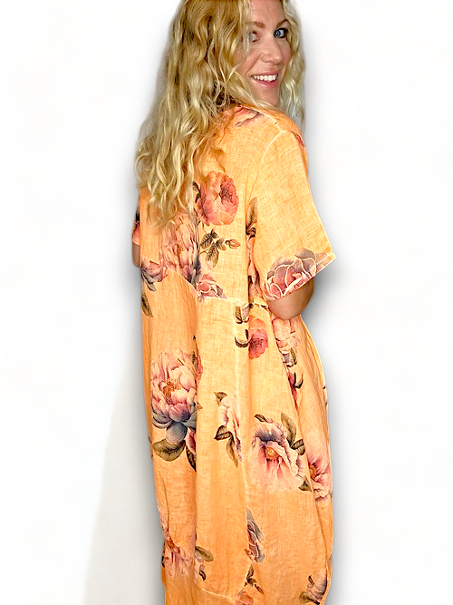 Helga May Orange Ombre Peony Mid Sleeve Linen Mid Maxi Dress 162442