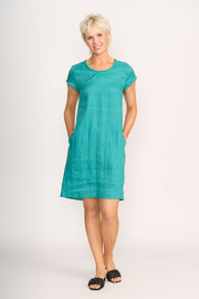 Foil Linen Fringe Scoop Neck Dress in Aquatic TP13595