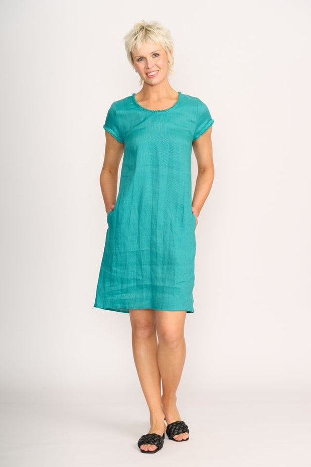 Foil Linen Fringe Scoop Neck Dress in Aquatic TP13595