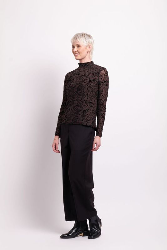 Foil Chocolate Paisley Long Sleeve Polo Neck Top TP12170