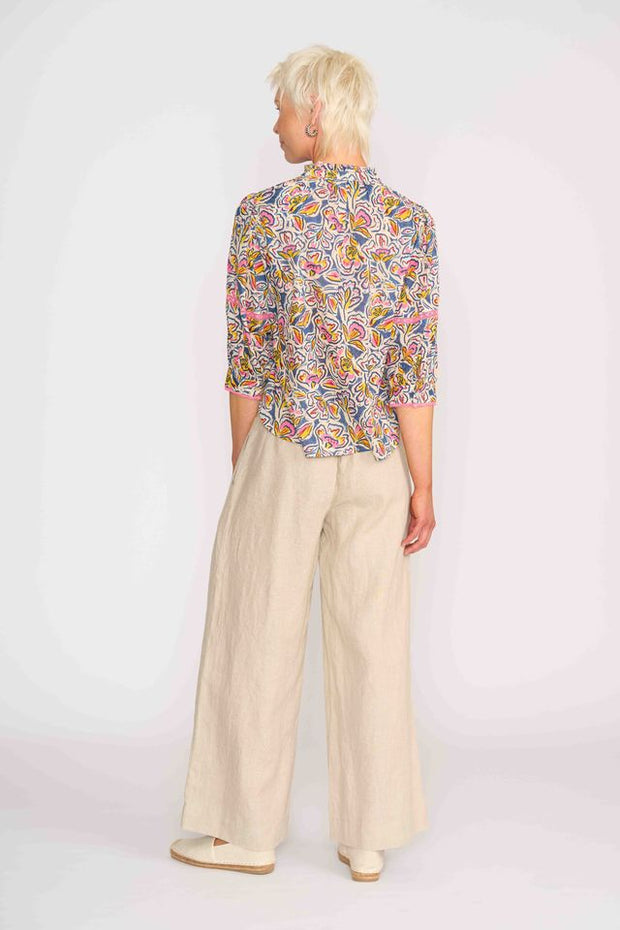 Foil Denim Floral Trim Insert Blouse TP14287