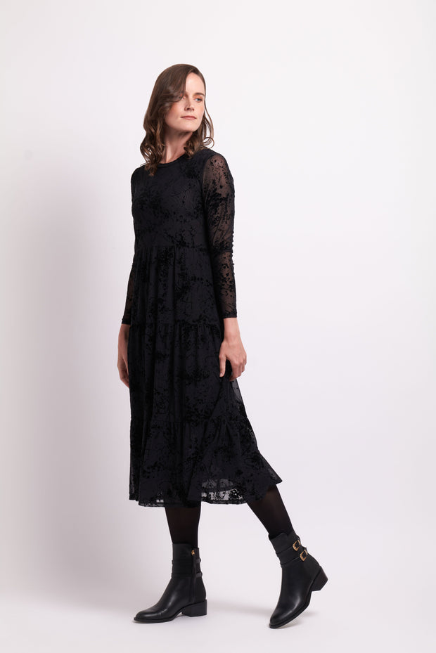 Foil Black Splatter Long Sleeve Tiered Hem Dress TP12166