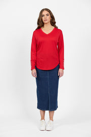 Vassalli Merino V Neck Top with Button Cuff Detail Scarlet 4465