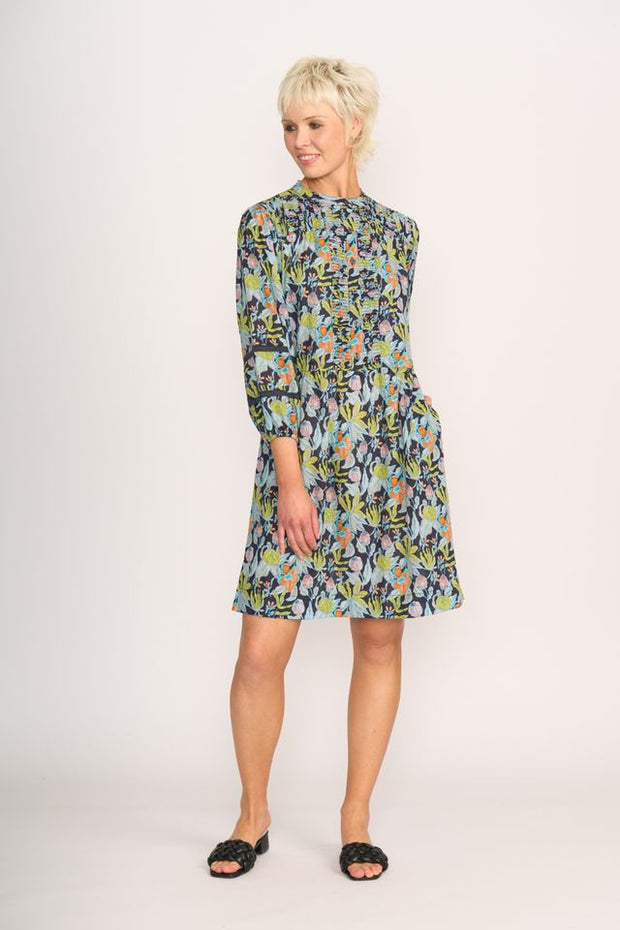 Foil Navy Floral Pintuck and Lace Dress TP14547