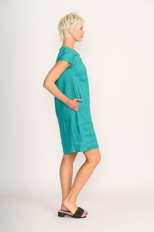 Foil Linen Fringe Scoop Neck Dress in Aquatic TP13595