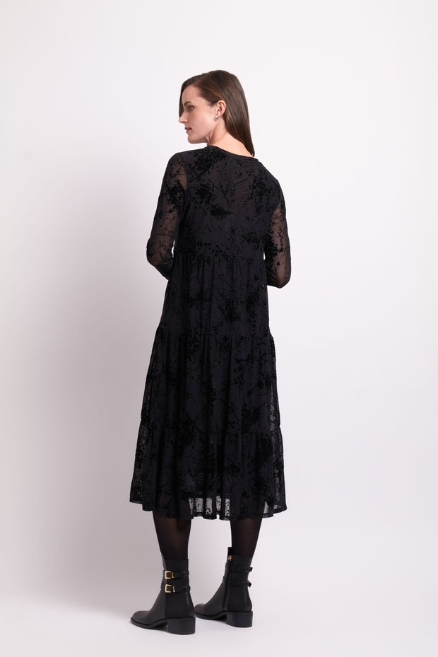 Foil Black Splatter Long Sleeve Tiered Hem Dress TP12166