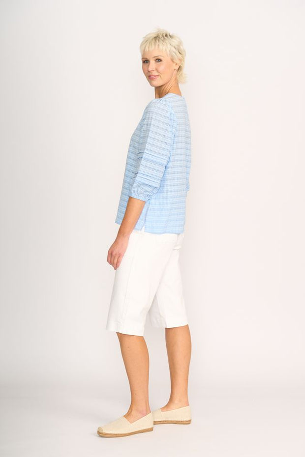 Memo Sky Check Pintuck Volume Sleeve Top TP14050