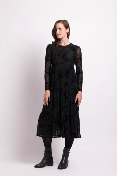 Foil Black Splatter Long Sleeve Tiered Hem Dress TP12166