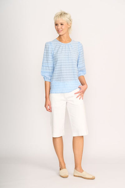 Memo Sky Check Pintuck Volume Sleeve Top TP14050