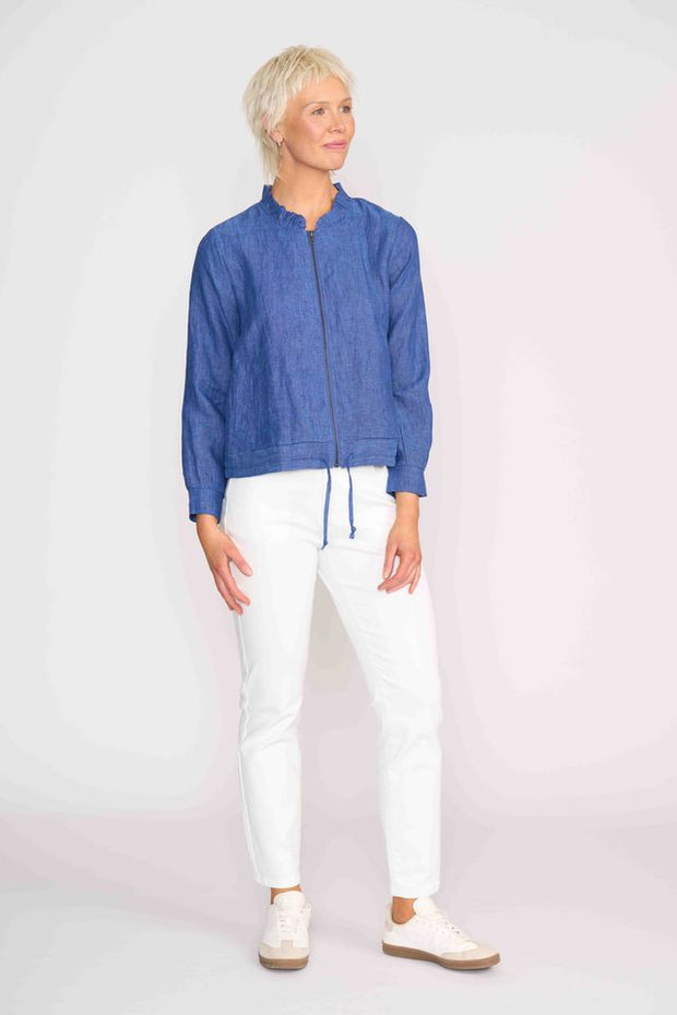 Foil Linen Ruffle Neck Jacket in Denim Blue TP14545