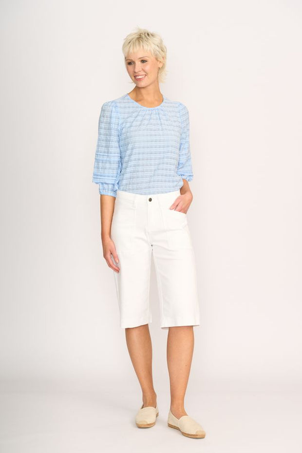 Memo Sky Check Pintuck Volume Sleeve Top TP14050