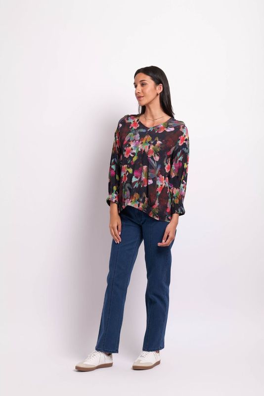 Foil Floral Burst Gathered Scoop Hem Top TP10656