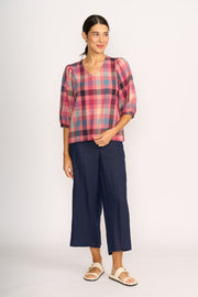 Memo Rose Check Pintuck Volume Sleeve Top TP14050