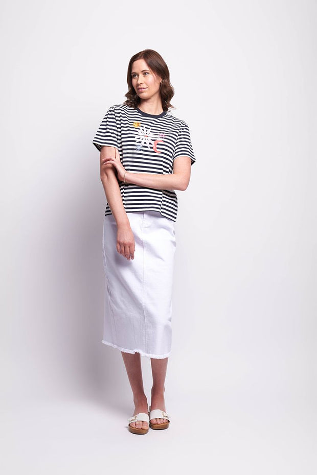 OH Three Stripe and Applique T-Shirt in Navy White Quirky TP14168