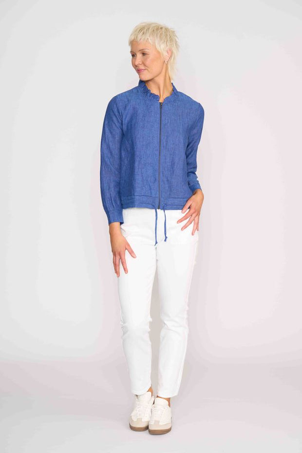 Foil Linen Ruffle Neck Jacket in Denim Blue TP14545