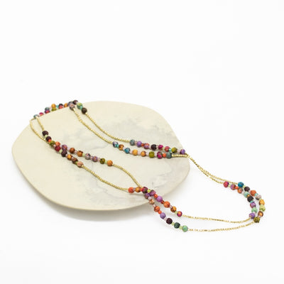 Trade Aid Recycled Sari, Brass and Glass Bead Long Necklace 4802
