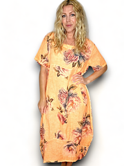 Helga May Orange Ombre Peony Mid Sleeve Linen Mid Maxi Dress 162442