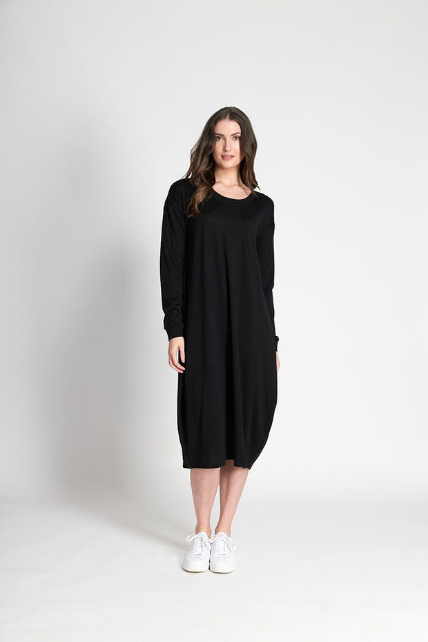 Foil Merino Cocoon Asymmetric Dress in Black TP12977